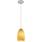 The Access Lighting Champagne Pendant (28012-1C-BS/MYA) features a frosted yellow glass shade suspended from a ceiling mount by a cord.