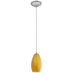 The Access Lighting Champagne Pendant (28012-1C-BS/MYA) features a silver fixture and a yellow glass shade, suspended from a cord against a white background.