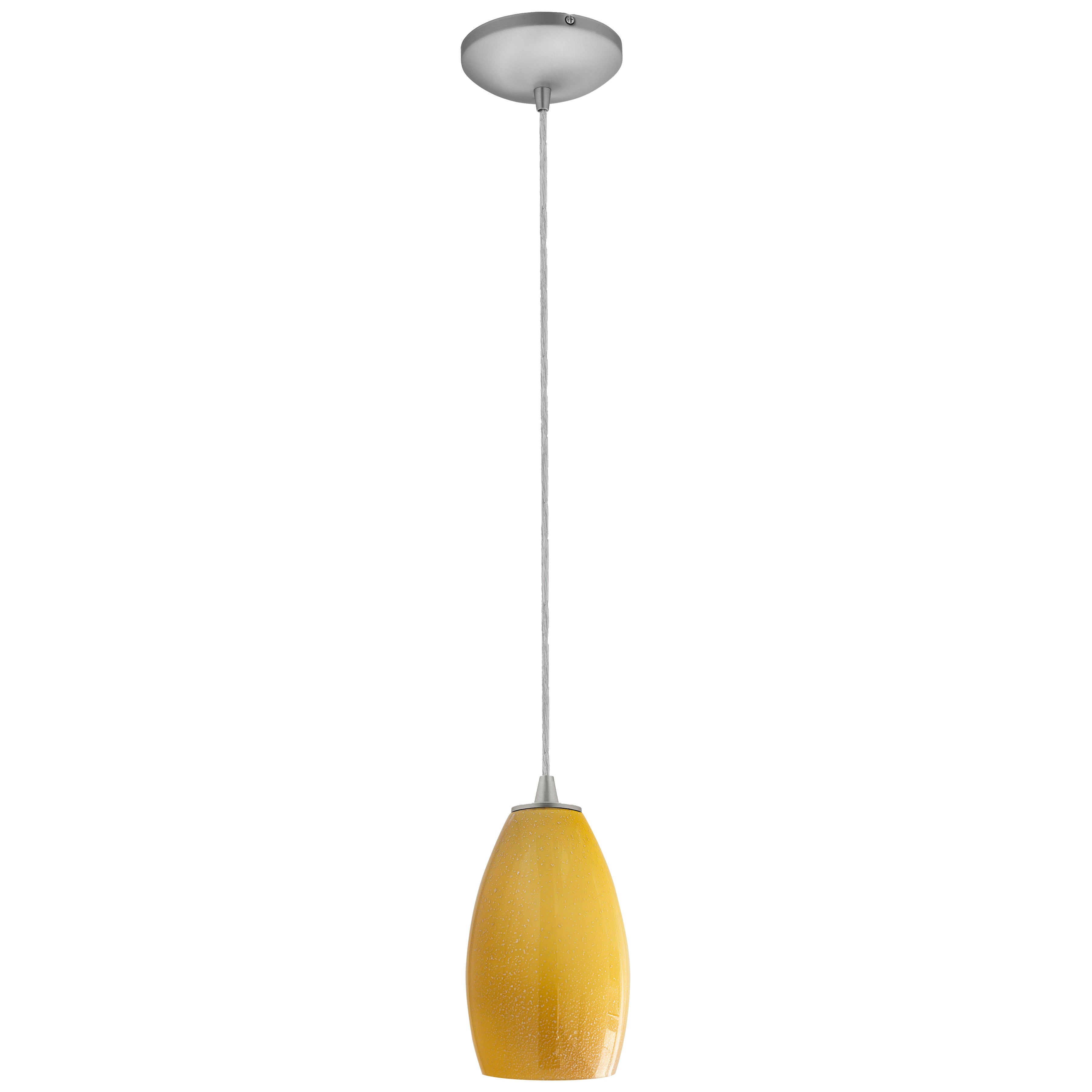 The Access Lighting Champagne Pendant (28012-1C-BS/MYA) features a silver fixture and a yellow glass shade, suspended from a cord against a white background.