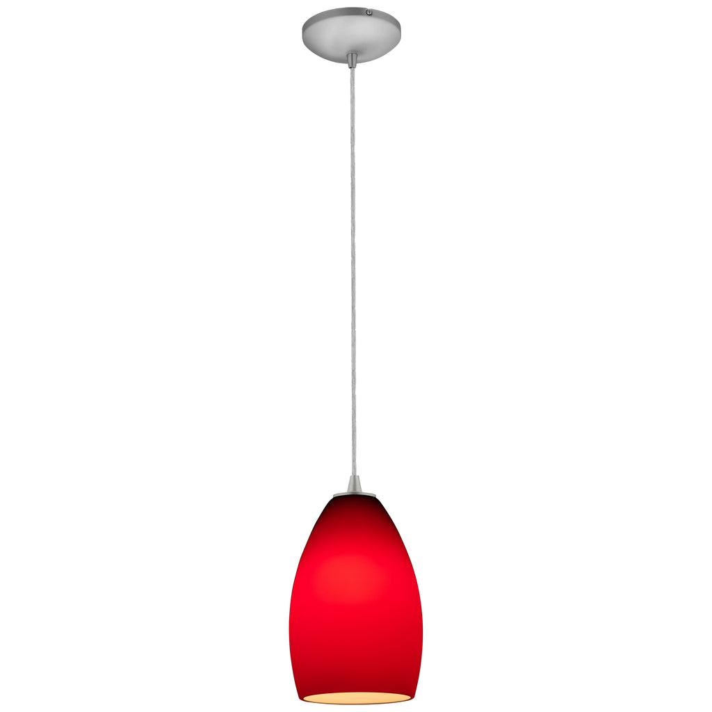 The Access Lighting Champagne Pendant (28012-1C-BS/RED) features a single red glass shade suspended from a sleek silver ceiling mount by a thin cord, shown against a white background.