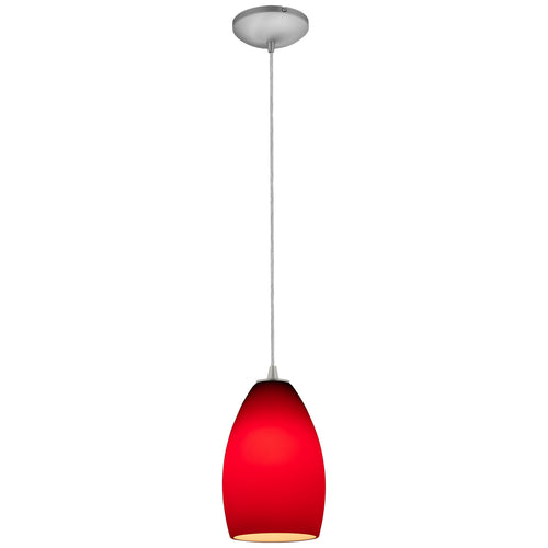 The Access Lighting Champagne Pendant (28012-1C-BS/RED) features a single red glass shade suspended from a sleek silver ceiling mount by a thin cord, shown against a white background.