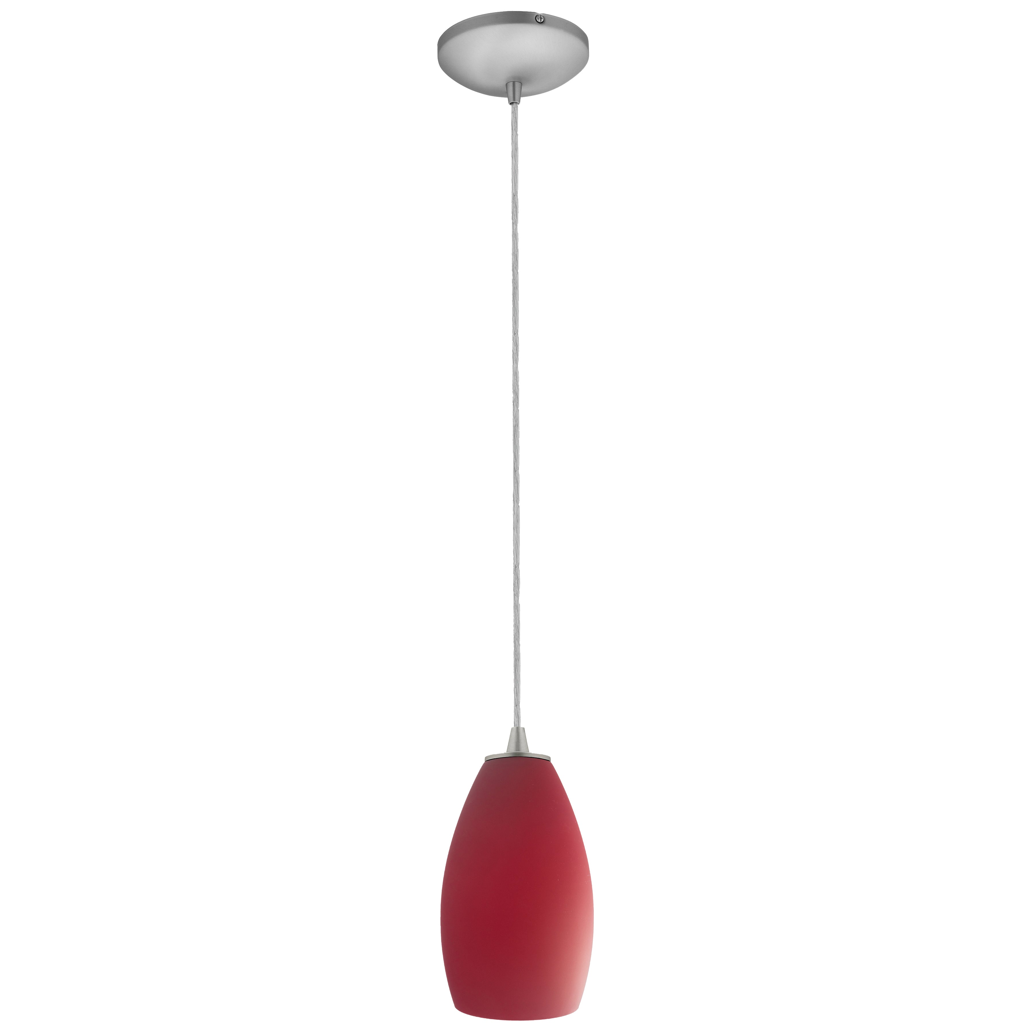 Champagne Pendant (28012-1C-BS/RED) by Access Lighting features a vibrant red shade and a brushed metal canopy, suspended by a thin cord against a white background.