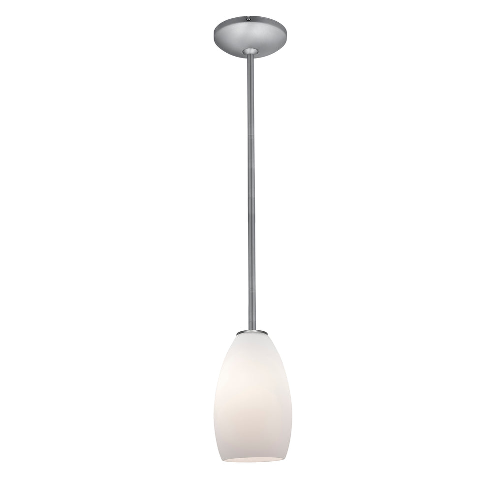 The Champagne Pendant (28012-1R-BS/OPL) by Access Lighting features a modern design with a frosted glass shade suspended from a straight metal rod and mounted to the ceiling with a round canopy.