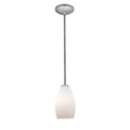The Champagne Pendant (28012-1R-BS/OPL) by Access Lighting features a modern design with a frosted glass shade suspended from a straight metal rod and mounted to the ceiling with a round canopy.