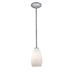 The Champagne Pendant (28012-1R-BS/OPL) by Access Lighting features a modern design with a frosted glass shade suspended from a straight metal rod and mounted to the ceiling with a round canopy.