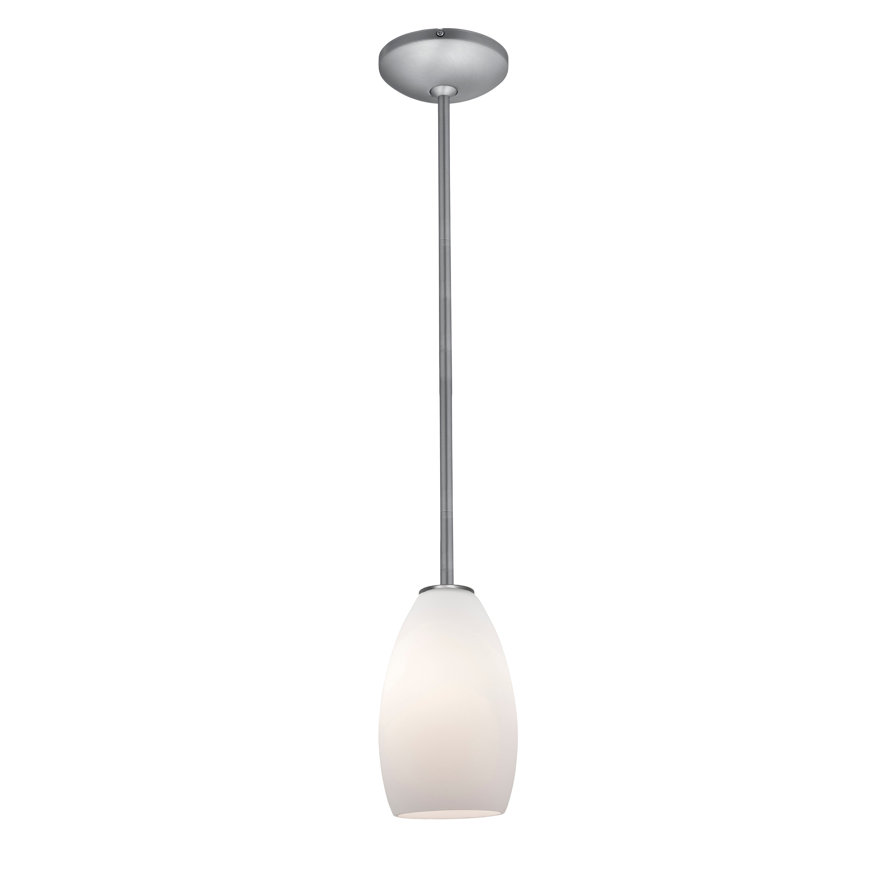 The Champagne Pendant (28012-1R-BS/OPL) by Access Lighting features a modern design with a frosted glass shade suspended from a straight metal rod and mounted to the ceiling with a round canopy.
