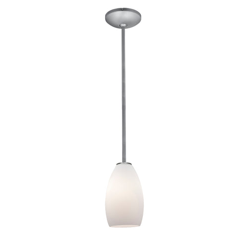 The Champagne Pendant (28012-1R-BS/OPL) by Access Lighting features a modern design with a frosted glass shade suspended from a straight metal rod and mounted to the ceiling with a round canopy.