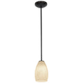 The Champagne LED Pendant (28012-3R-ORB/WHST) by Access Lighting features a single pendant ceiling light with a black rod and a cream-colored, textured glass shade, shown hanging against a white background.