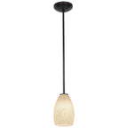 The Champagne LED Pendant (28012-3R-ORB/WHST) by Access Lighting features a single pendant ceiling light with a black rod and a cream-colored, textured glass shade, shown hanging against a white background.