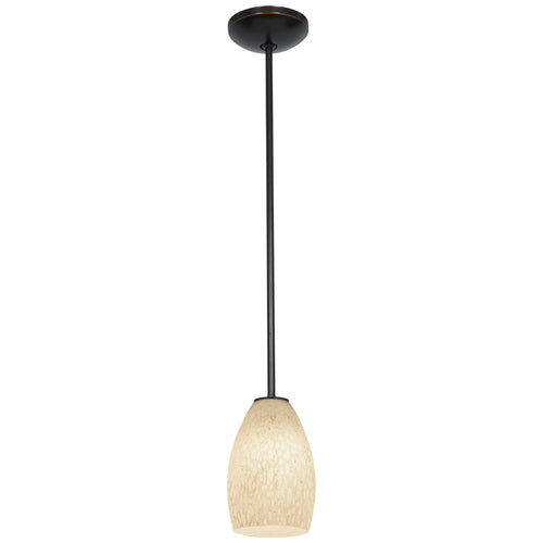 The Champagne LED Pendant (28012-3R-ORB/WHST) by Access Lighting features a single pendant ceiling light with a black rod and a cream-colored, textured glass shade, shown hanging against a white background.