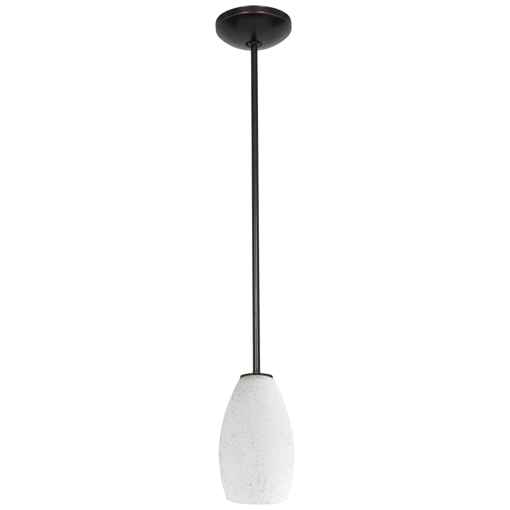The Champagne LED Pendant (28012-3R-ORB/WHST) by Access Lighting features a single vertically-hanging oval-shaped white speckled glass shade, suspended from a dark rod and base.