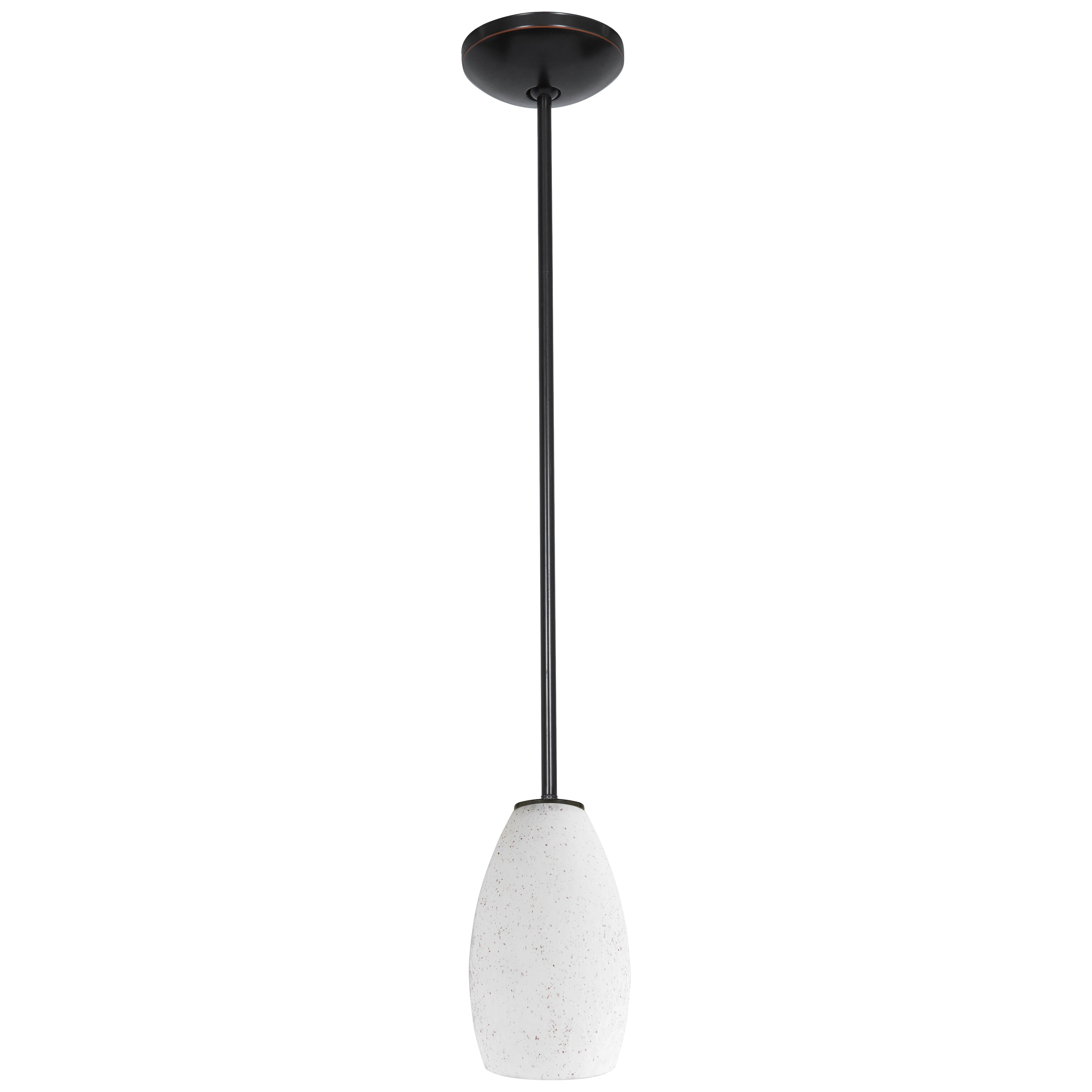 The Champagne LED Pendant (28012-3R-ORB/WHST) by Access Lighting features a single vertically-hanging oval-shaped white speckled glass shade, suspended from a dark rod and base.