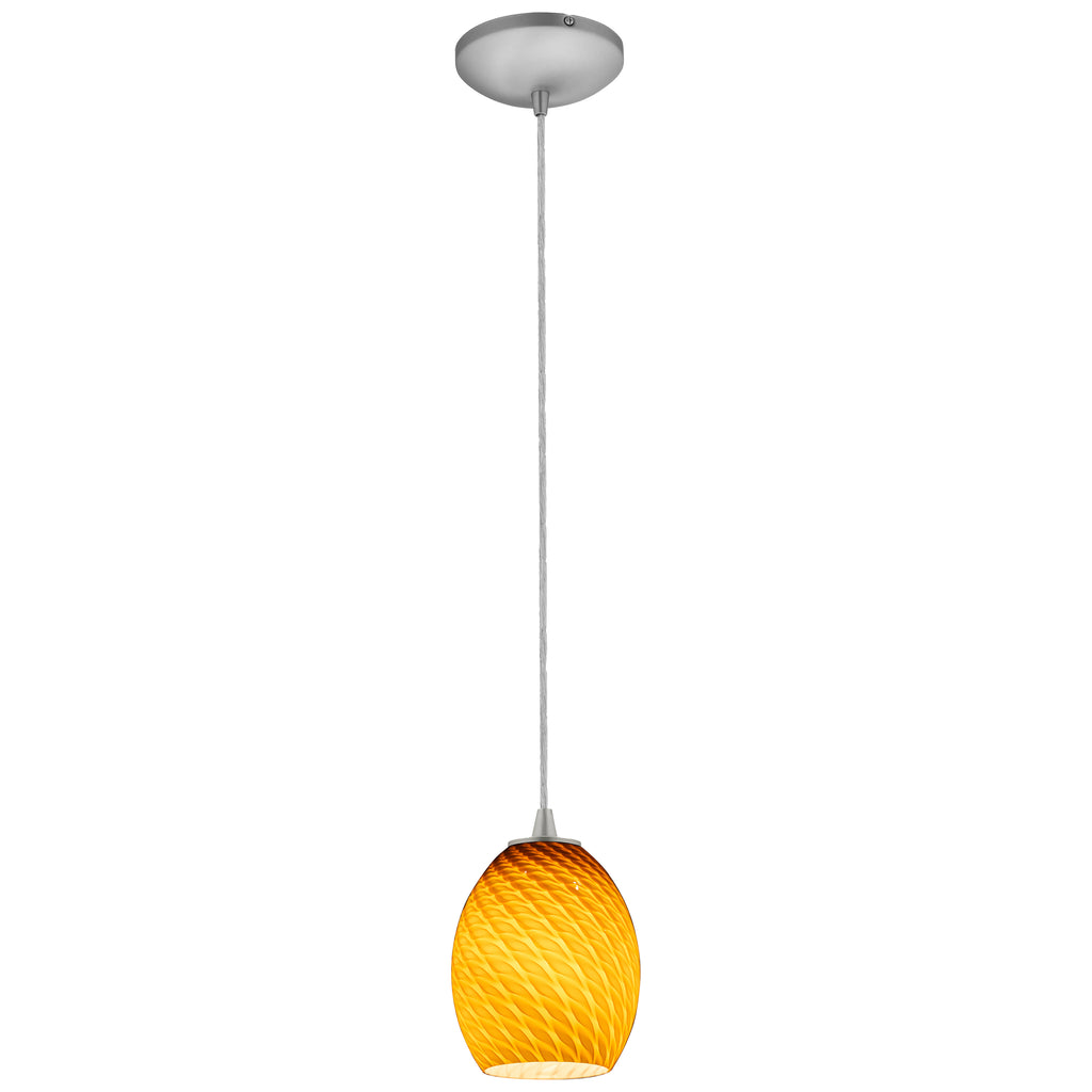 The Brandy FireBird LED Pendant (28023-3C-BS/AMBFB) by Access Lighting features a yellow glass, textured shade suspended from a silver ceiling mount by a single cord.