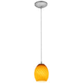 The Brandy FireBird LED Pendant (28023-3C-BS/AMBFB) by Access Lighting features a yellow glass, textured shade suspended from a silver ceiling mount by a single cord.