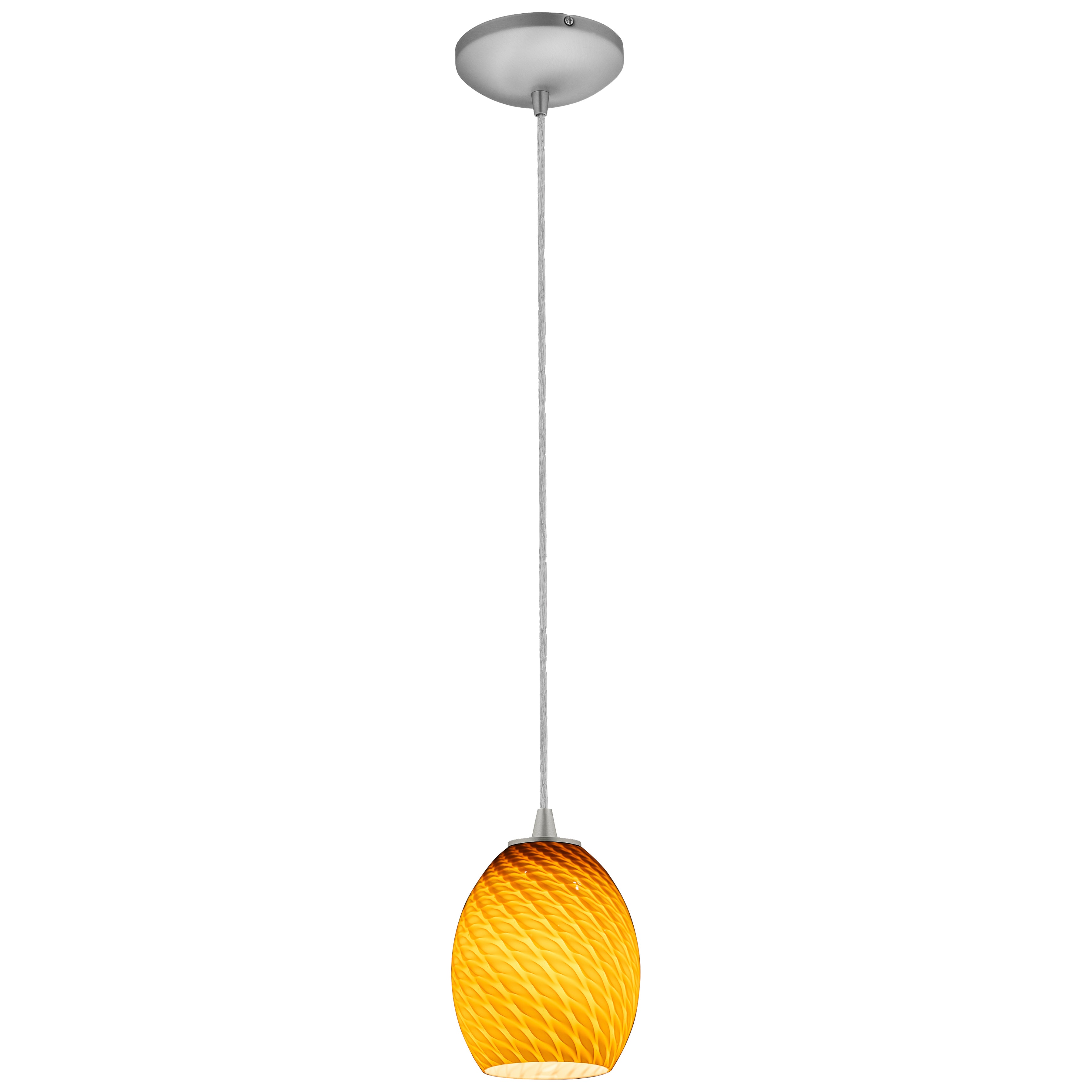 The Brandy FireBird LED Pendant (28023-3C-BS/AMBFB) by Access Lighting features a yellow glass, textured shade suspended from a silver ceiling mount by a single cord.