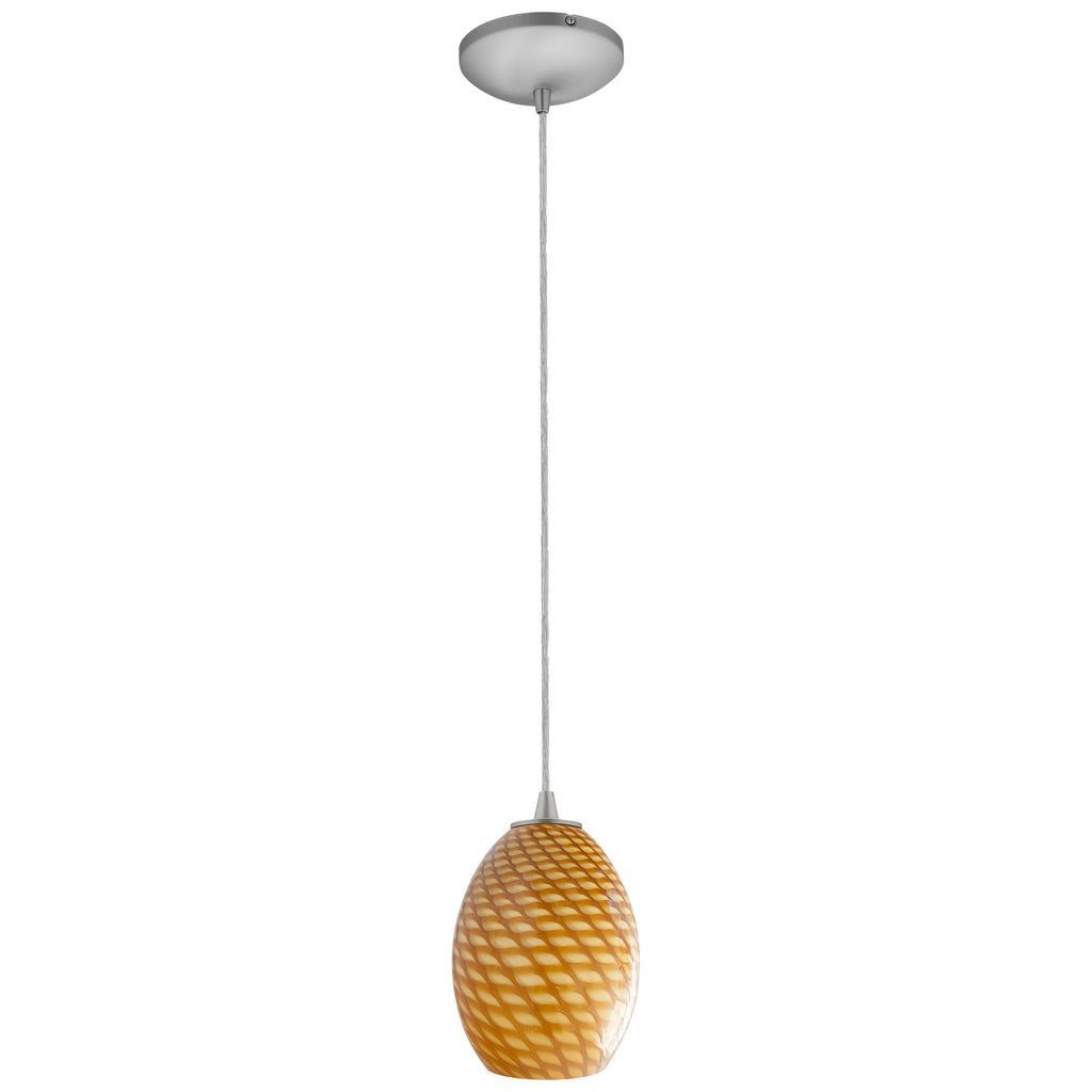 The Brandy FireBird LED Pendant (28023-3C-BS/AMBFB) by Access Lighting features a silver ceiling mount and a yellow patterned glass shade suspended from a slim cord.
