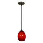 The Brandy FireBird Pendant (28023-1C-ORB/RUSKY) by Access Lighting features a red glass round shade suspended from a black cord and circular ceiling mount, shown against a white background.