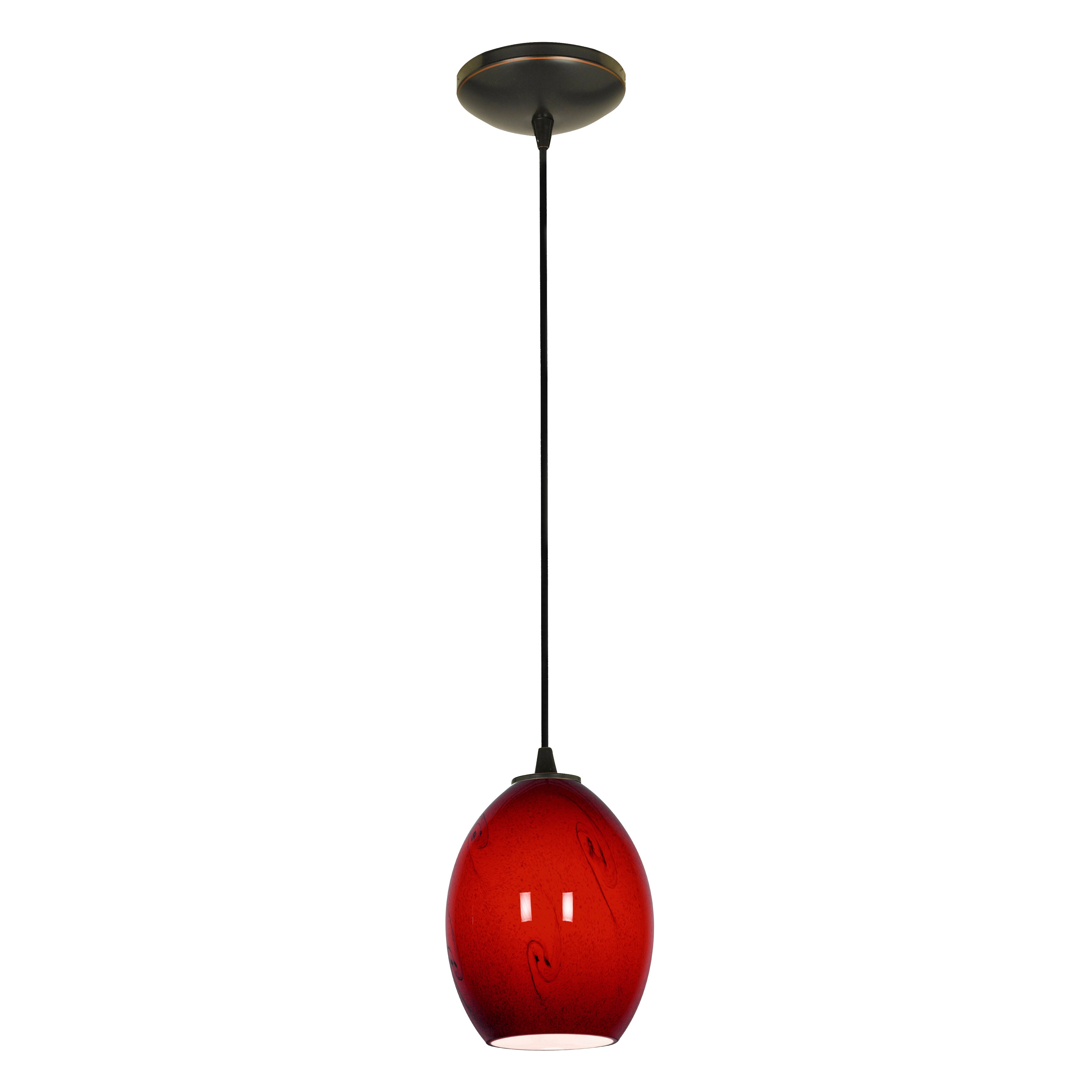 The Brandy FireBird Pendant (28023-1C-ORB/RUSKY) by Access Lighting features a red glass round shade suspended from a black cord and circular ceiling mount, shown against a white background.