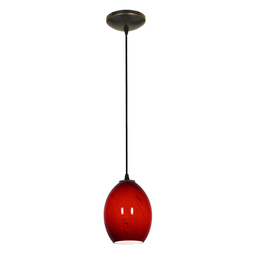 The Brandy FireBird Pendant (28023-1C-ORB/RUSKY) by Access Lighting features a red glass round shade suspended from a black cord and circular ceiling mount, shown against a white background.