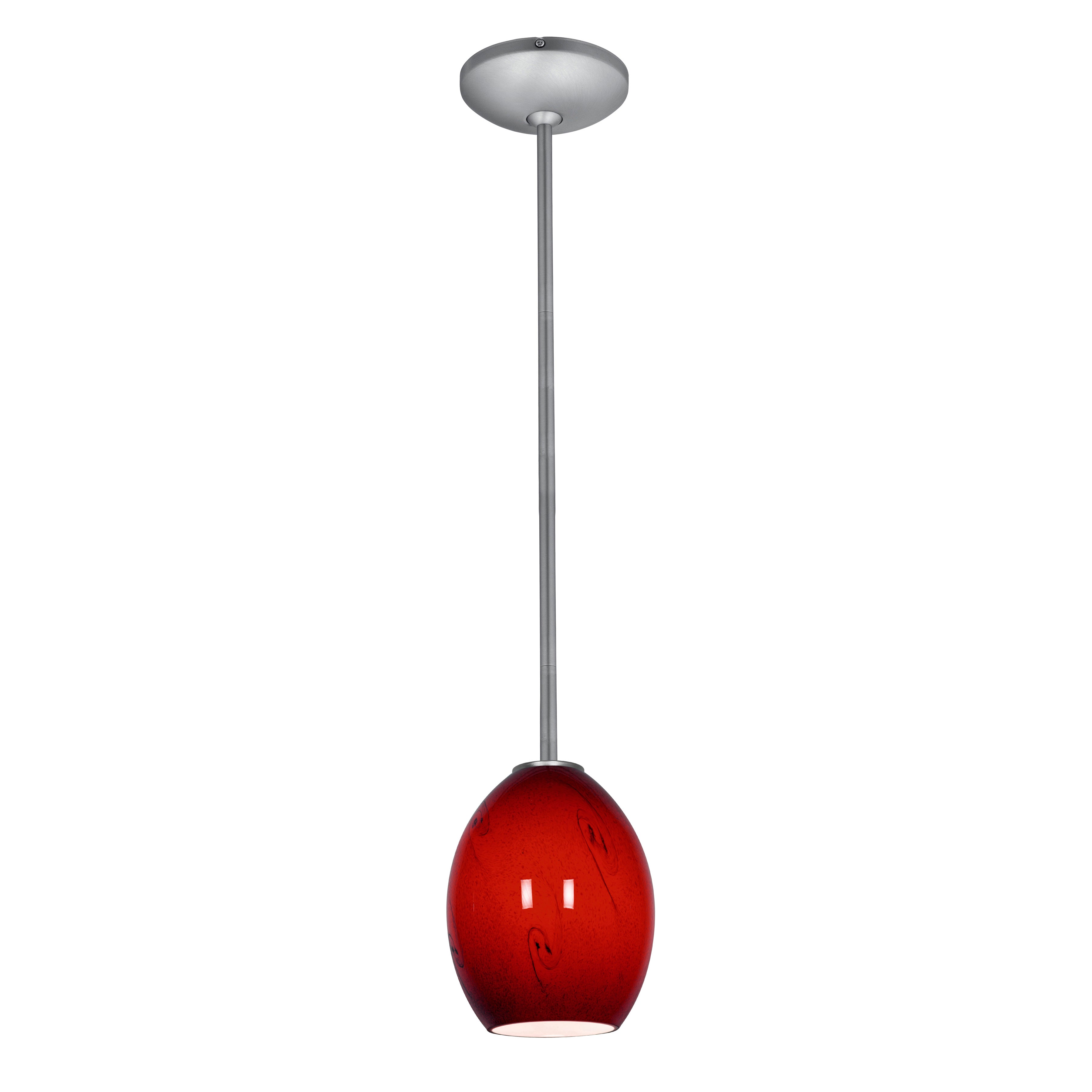 Brandy FireBird LED Pendant (28023-3R-BS/RUSKY) by Access Lighting, featuring a red glass shade, silver metal ceiling mount, and straight downrod, displayed against a plain white background.