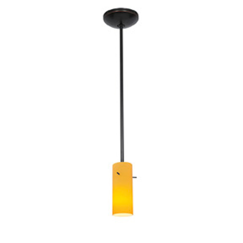 The Cylinder LED Pendant (28030-3R-ORB/AMB) by Access Lighting features a single pendant light with a black rod and a cylindrical amber-colored glass shade, suspended from a ceiling mount.