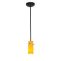 The Cylinder LED Pendant (28030-3R-ORB/AMB) by Access Lighting features a single pendant light with a black rod and a cylindrical amber-colored glass shade, suspended from a ceiling mount.