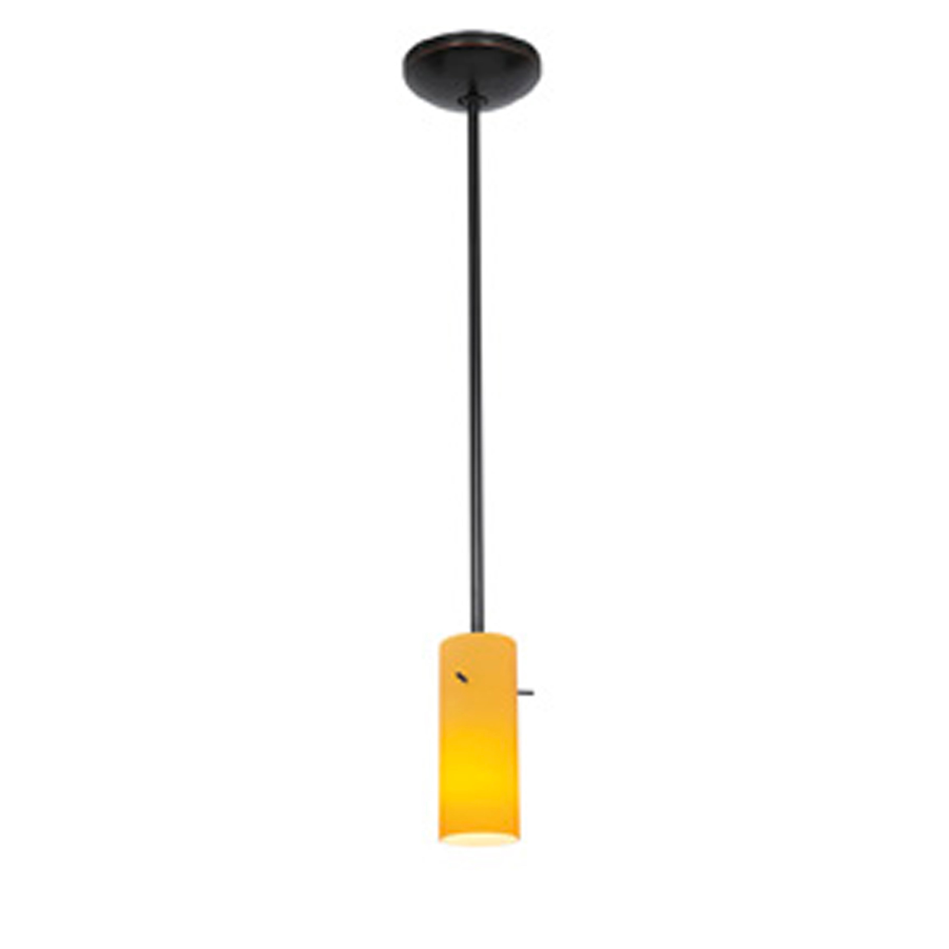 The Cylinder LED Pendant (28030-3R-ORB/AMB) by Access Lighting features a single pendant light with a black rod and a cylindrical amber-colored glass shade, suspended from a ceiling mount.