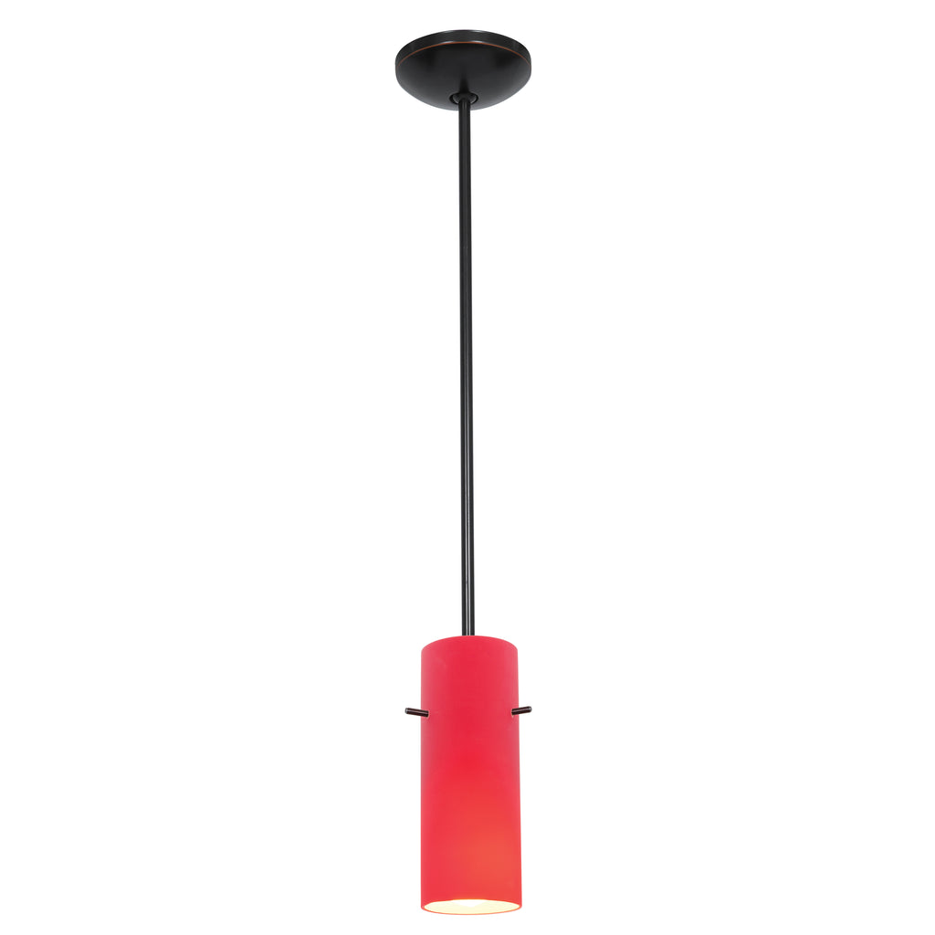 The Access Lighting Cylinder Pendant (28030-1R-ORB/RED) is a ceiling-mounted pendant light featuring a long black rod and a cylindrical red lampshade, shown against a white background.
