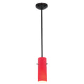 The Access Lighting Cylinder Pendant (28030-1R-ORB/RED) is a ceiling-mounted pendant light featuring a long black rod and a cylindrical red lampshade, shown against a white background.