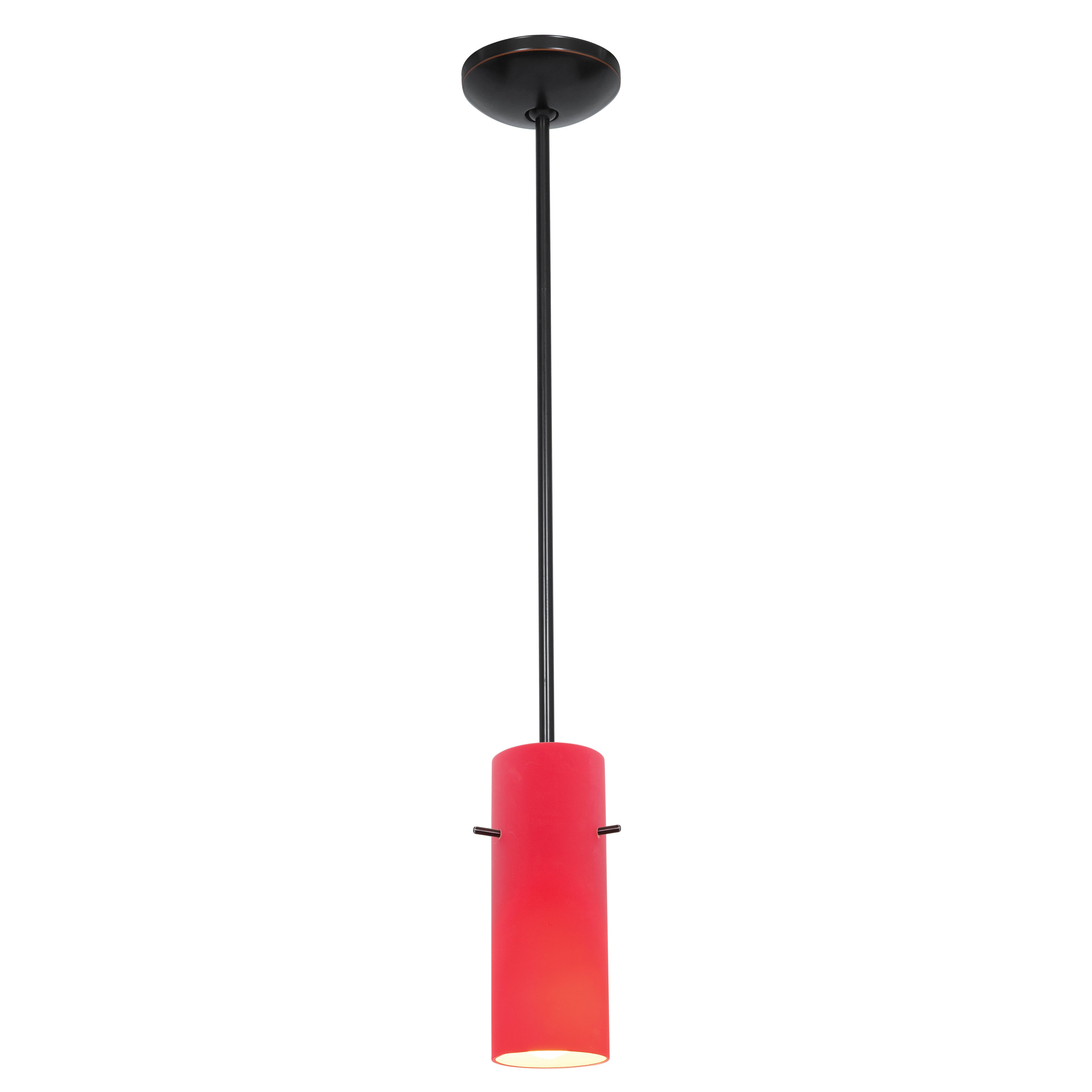 The Access Lighting Cylinder Pendant (28030-1R-ORB/RED) is a ceiling-mounted pendant light featuring a long black rod and a cylindrical red lampshade, shown against a white background.