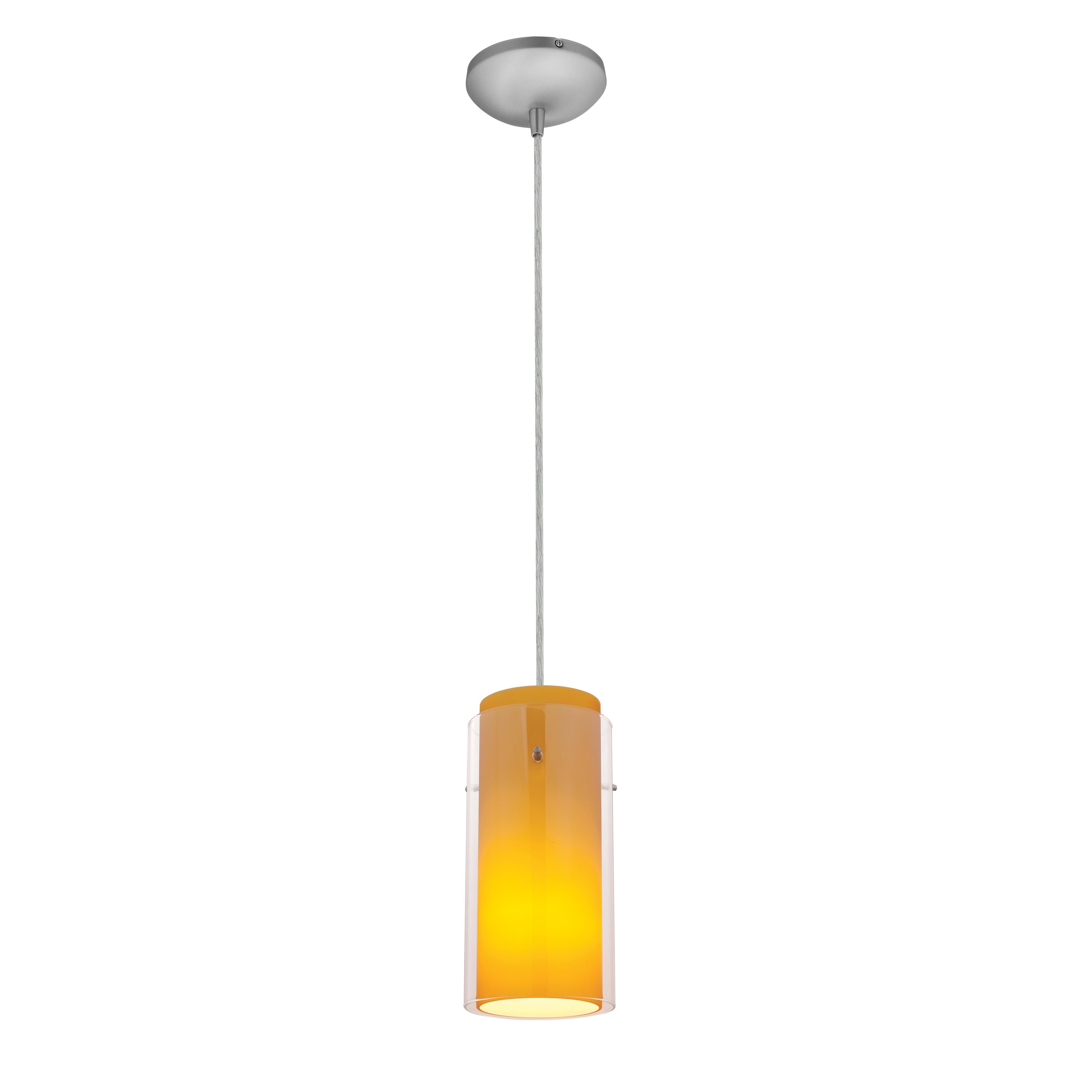 Certainly! Here’s a rewritten sentence using the provided product data: The Access Lighting Glass`n Glass Cylinder Pendant (28033-1C-BS/CLAM) is a ceiling-mounted fixture with a cylindrical glass shade, delivering a warm yellow glow and finished with a sleek metal canopy.