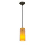 Sure! Here’s a rewritten sentence using the provided product data: The Access Lighting Glass`n Glass Cylinder LED Pendant (28033-3C-ORB/CLAM) is a ceiling-mounted fixture featuring a cylindrical yellow glass shade and a black cord.