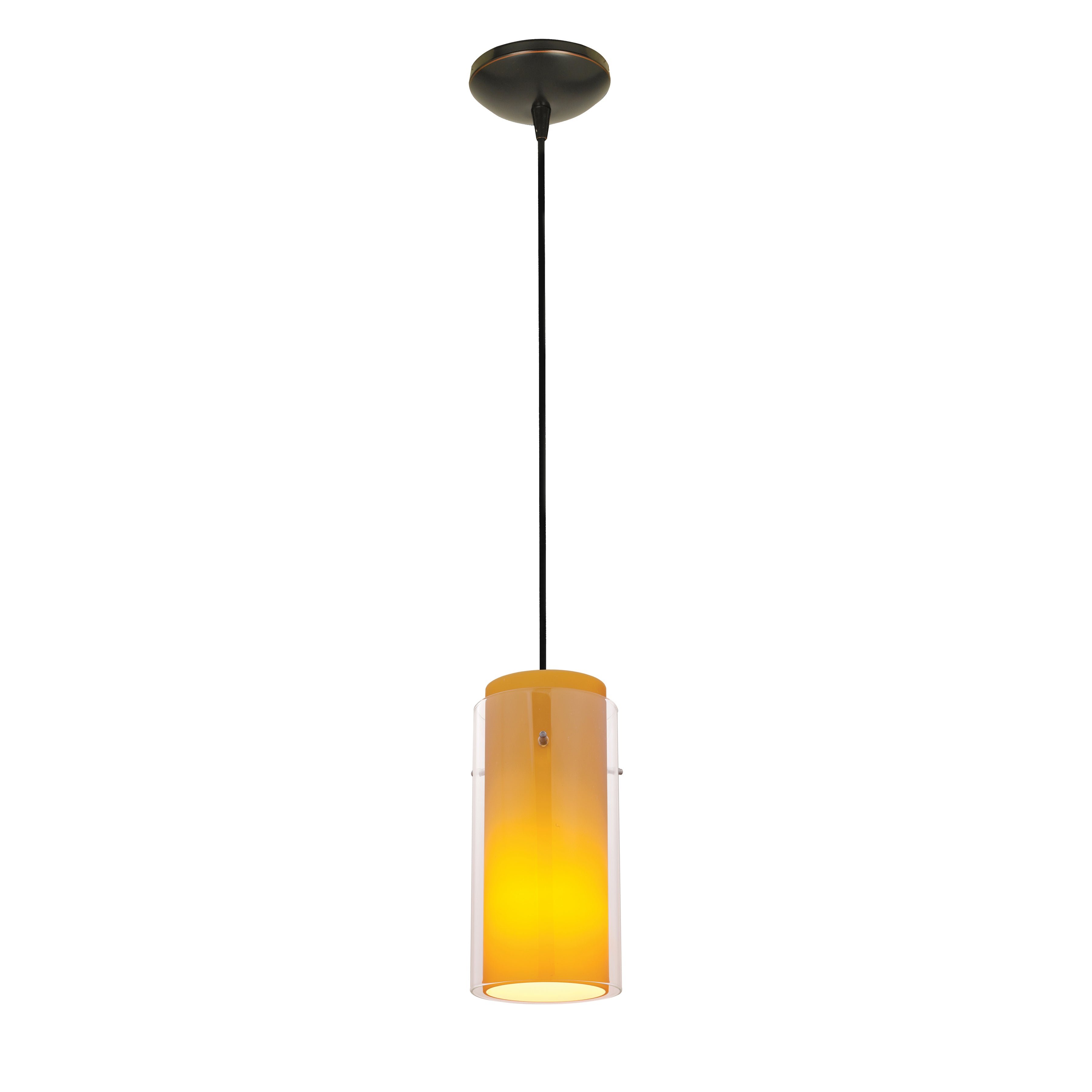 Sure! Here’s a rewritten sentence using the provided product data: The Access Lighting Glass`n Glass Cylinder LED Pendant (28033-3C-ORB/CLAM) is a ceiling-mounted fixture featuring a cylindrical yellow glass shade and a black cord.