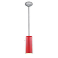 A Glass`n Glass Cylinder Pendant (28033-1R-BS/CLRD) by Access Lighting hangs from a silver ceiling mount with a metal rod, featuring a red cylindrical shade and visible light shining from the bottom.