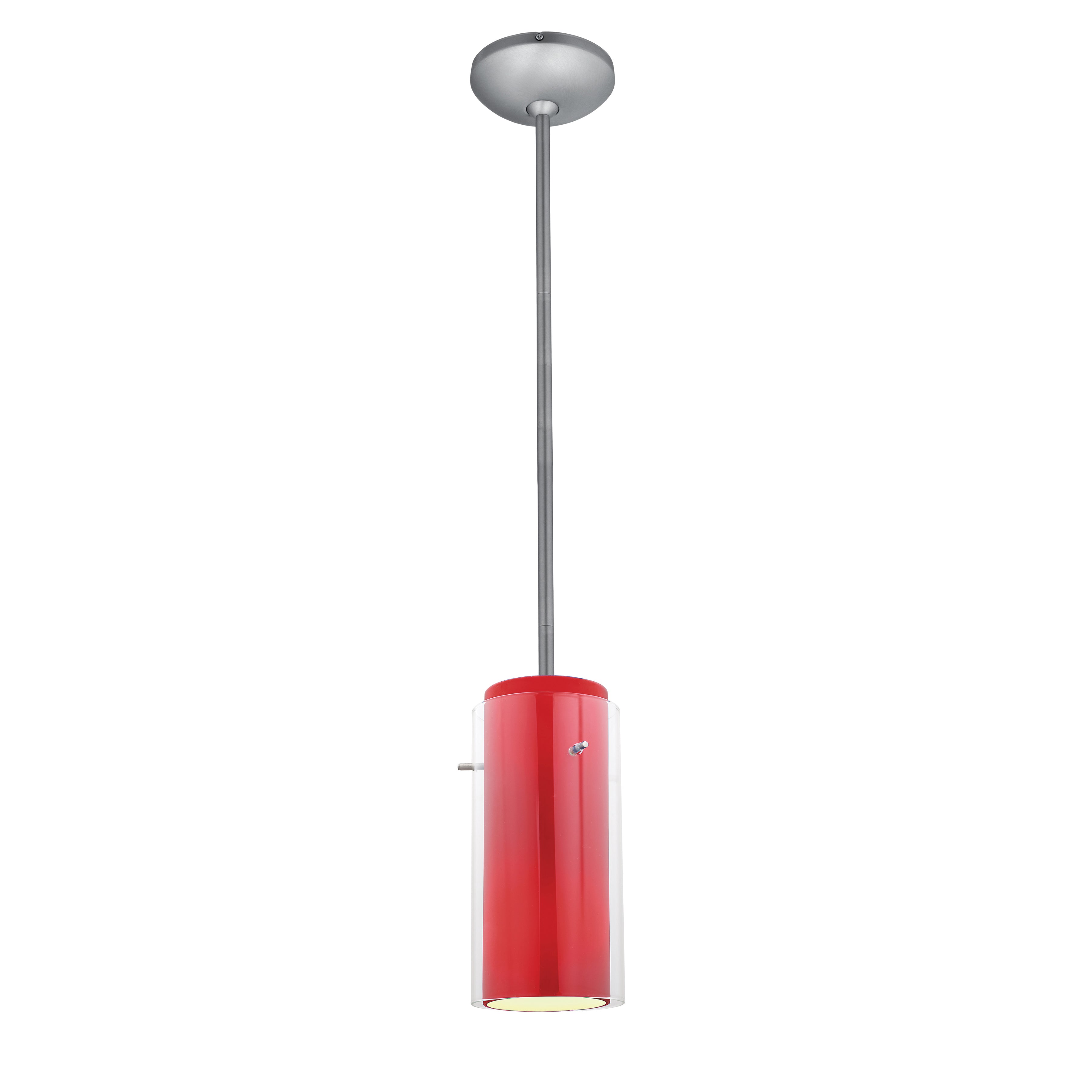 A Glass`n Glass Cylinder Pendant (28033-1R-BS/CLRD) by Access Lighting hangs from a silver ceiling mount with a metal rod, featuring a red cylindrical shade and visible light shining from the bottom.