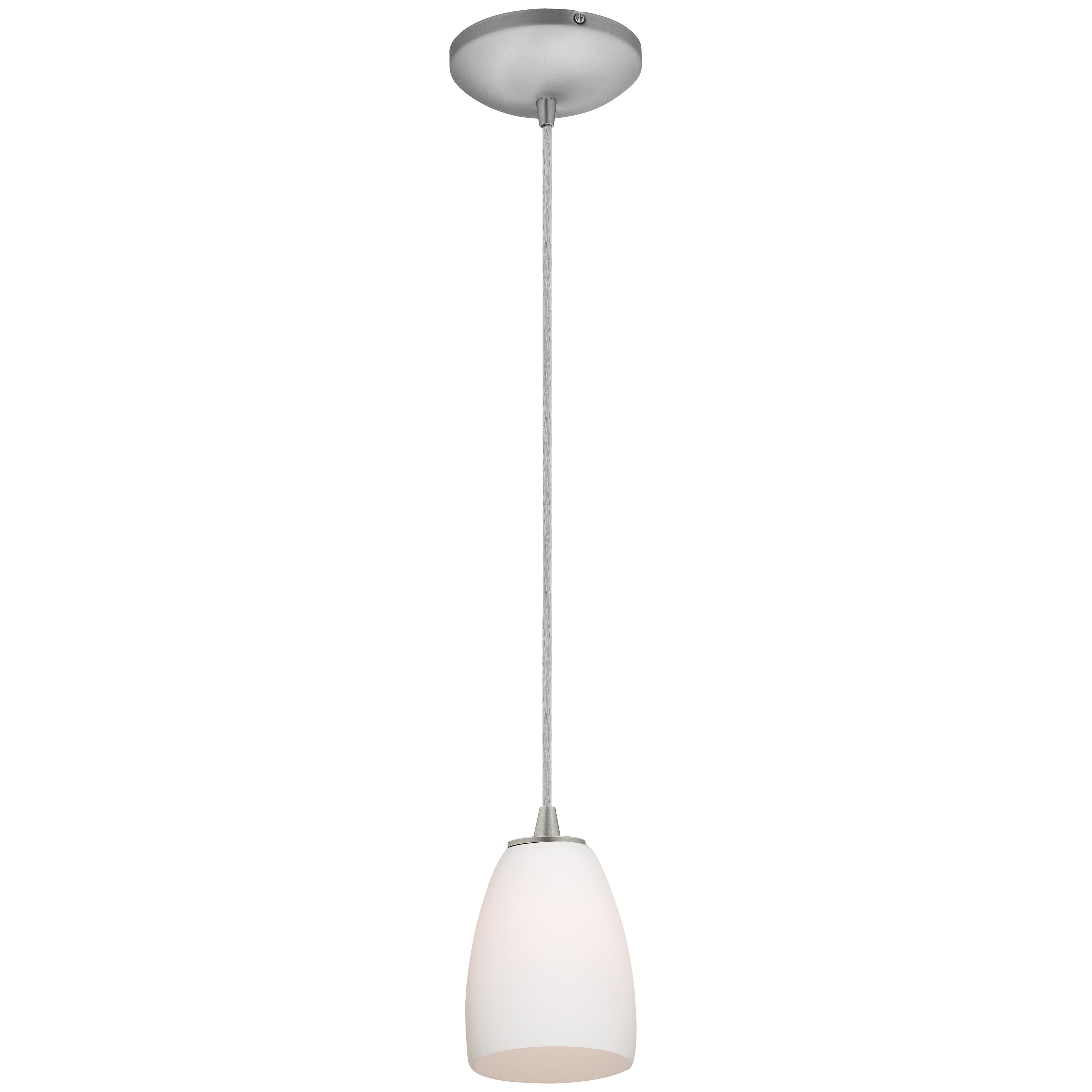 The Sherry Pendant (28069-1C-BS/OPL) by Access Lighting features a frosted glass shade suspended from a silver ceiling mount by a cord.