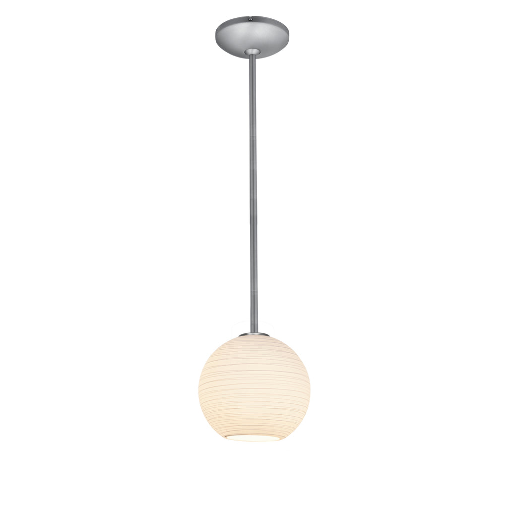 The Japanese Lantern (s) 1-Light Pendant (28085-1R-BS/WHTLN) by Access Lighting features a single pendant light with a round, frosted glass shade and a metal rod, suspended from a ceiling mount against a white background.