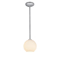 The Japanese Lantern (s) 1-Light Pendant (28085-1R-BS/WHTLN) by Access Lighting features a single pendant light with a round, frosted glass shade and a metal rod, suspended from a ceiling mount against a white background.