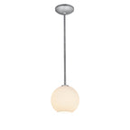 The Japanese Lantern (s) 1-Light Pendant (28085-1R-BS/WHTLN) by Access Lighting features a single pendant light with a round, frosted glass shade and a metal rod, suspended from a ceiling mount against a white background.