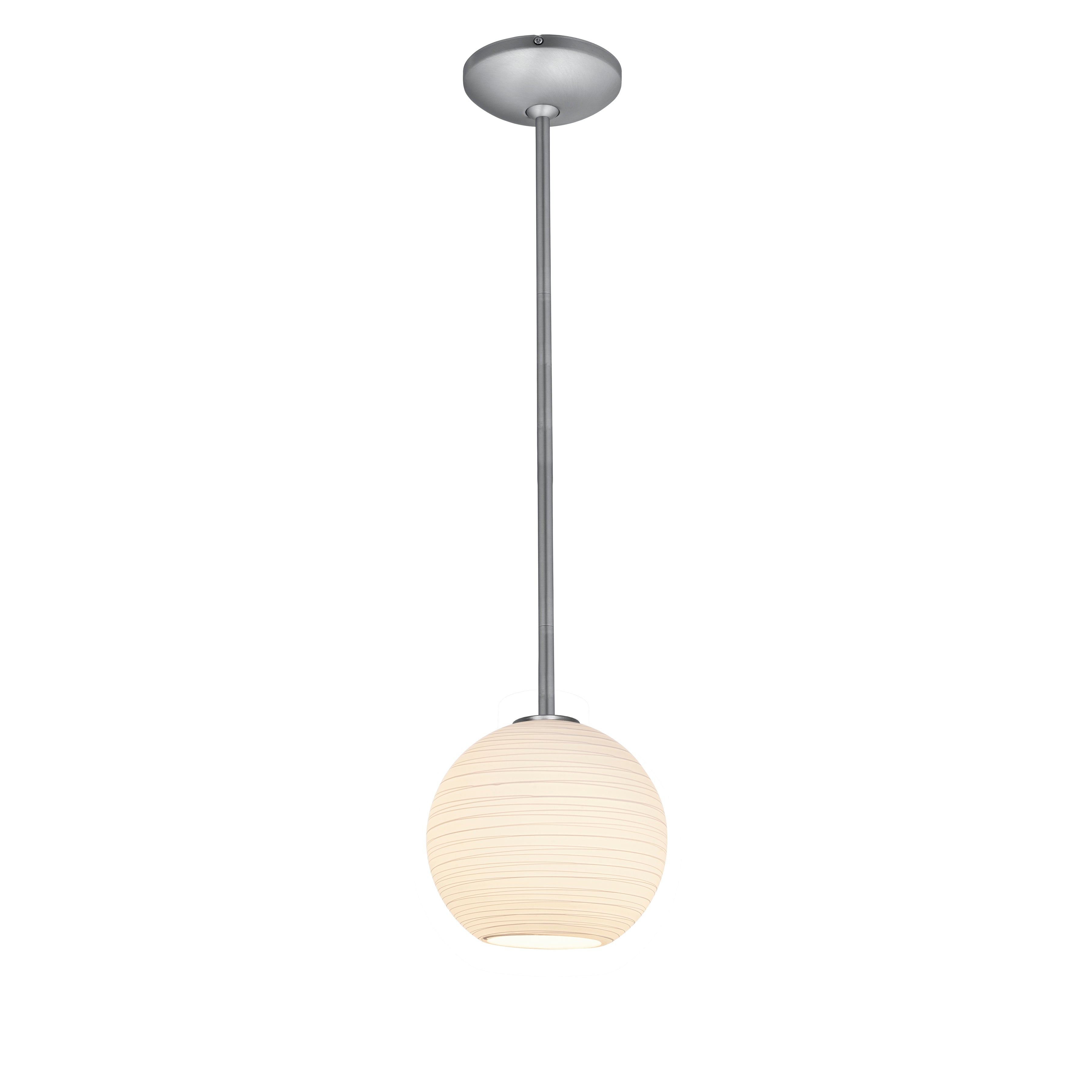 The Japanese Lantern (s) 1-Light Pendant (28085-1R-BS/WHTLN) by Access Lighting features a single pendant light with a round, frosted glass shade and a metal rod, suspended from a ceiling mount against a white background.