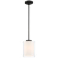 The Seville Pendant by Access Lighting features a matte black finish, with a cylindrical clear glass shade and a central opaque white inner shade, suspended from the ceiling on a straight rod.