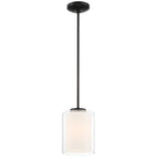 The Seville Pendant by Access Lighting features a matte black finish, with a cylindrical clear glass shade and a central opaque white inner shade, suspended from the ceiling on a straight rod.