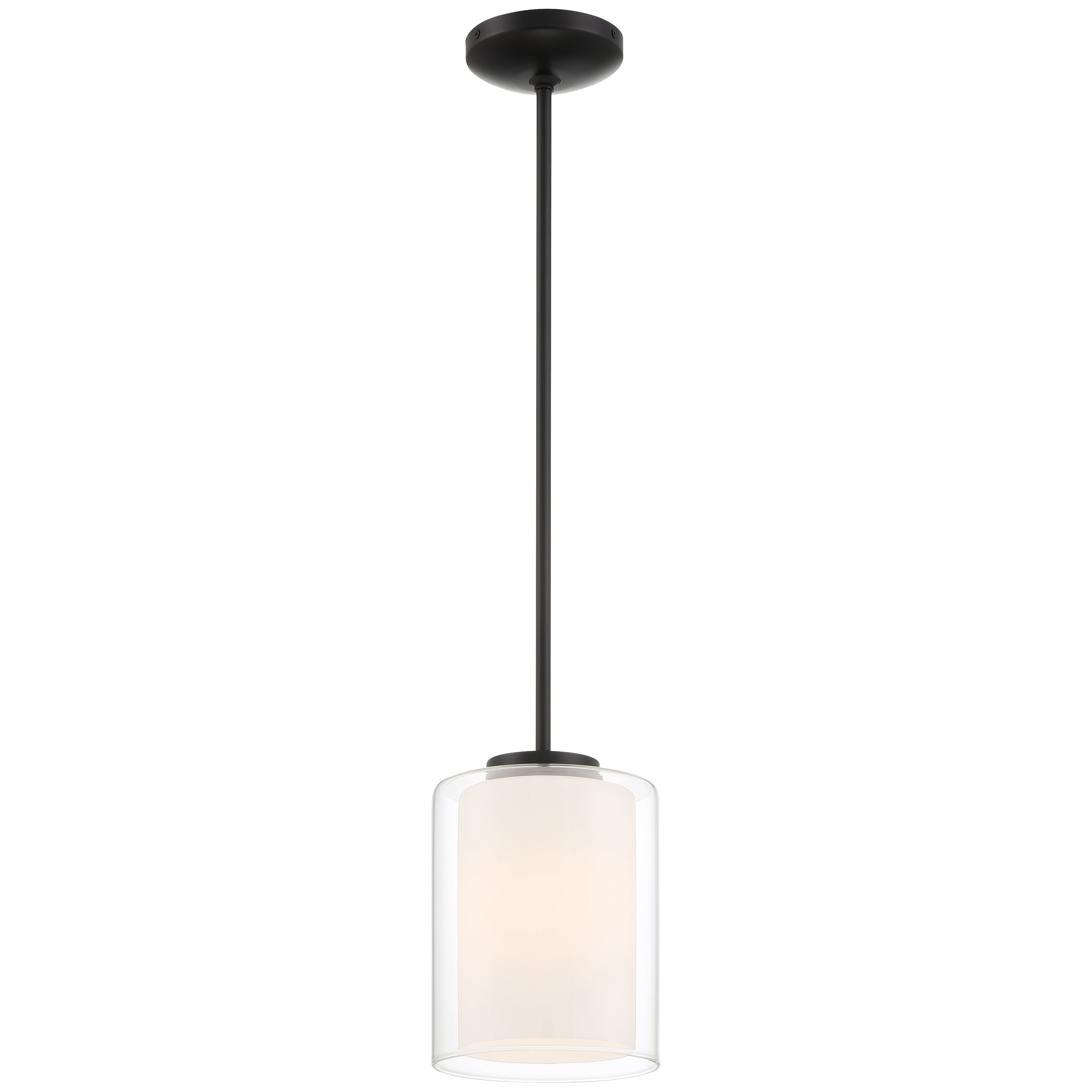 The Seville Pendant by Access Lighting features a matte black finish, with a cylindrical clear glass shade and a central opaque white inner shade, suspended from the ceiling on a straight rod.