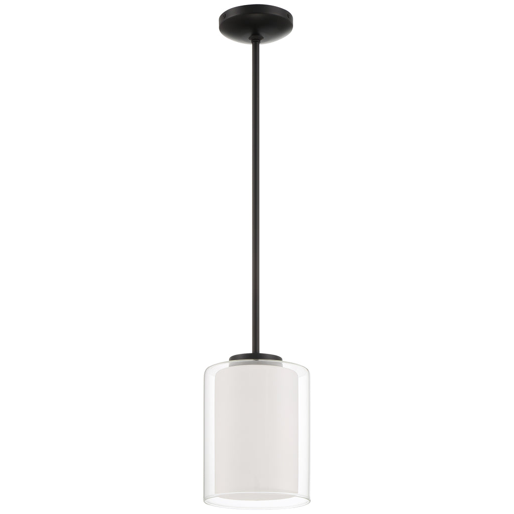 The Seville Pendant by Access Lighting features a cylindrical glass shade and a thin matte black rod, creating a striking black and white ceiling fixture.