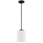 The Seville Pendant by Access Lighting features a cylindrical glass shade and a thin matte black rod, creating a striking black and white ceiling fixture.