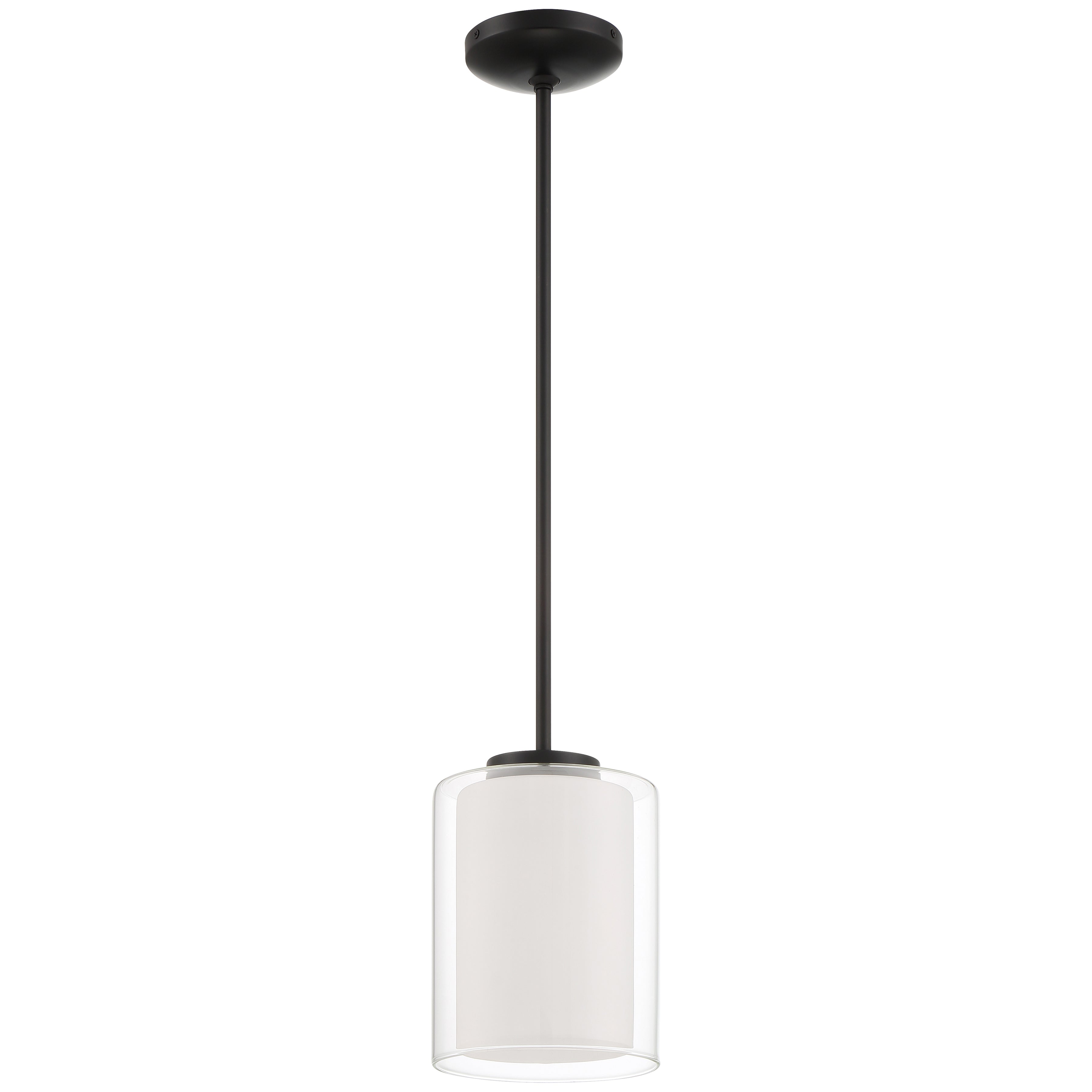 The Seville Pendant by Access Lighting features a cylindrical glass shade and a thin matte black rod, creating a striking black and white ceiling fixture.