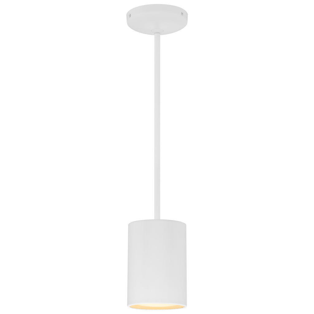 The Pilson LED Pendant (29000LEDDLP-MWH) by Access Lighting features a white cylindrical shade suspended from a straight rod and a round ceiling mount.