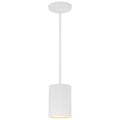 The Pilson LED Pendant (29000LEDDLP-MWH) by Access Lighting features a white cylindrical shade suspended from a straight rod and a round ceiling mount.