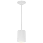 The Pilson LED Pendant (29000LEDDLP-MWH) by Access Lighting features a white cylindrical shade suspended from a straight rod and a round ceiling mount.