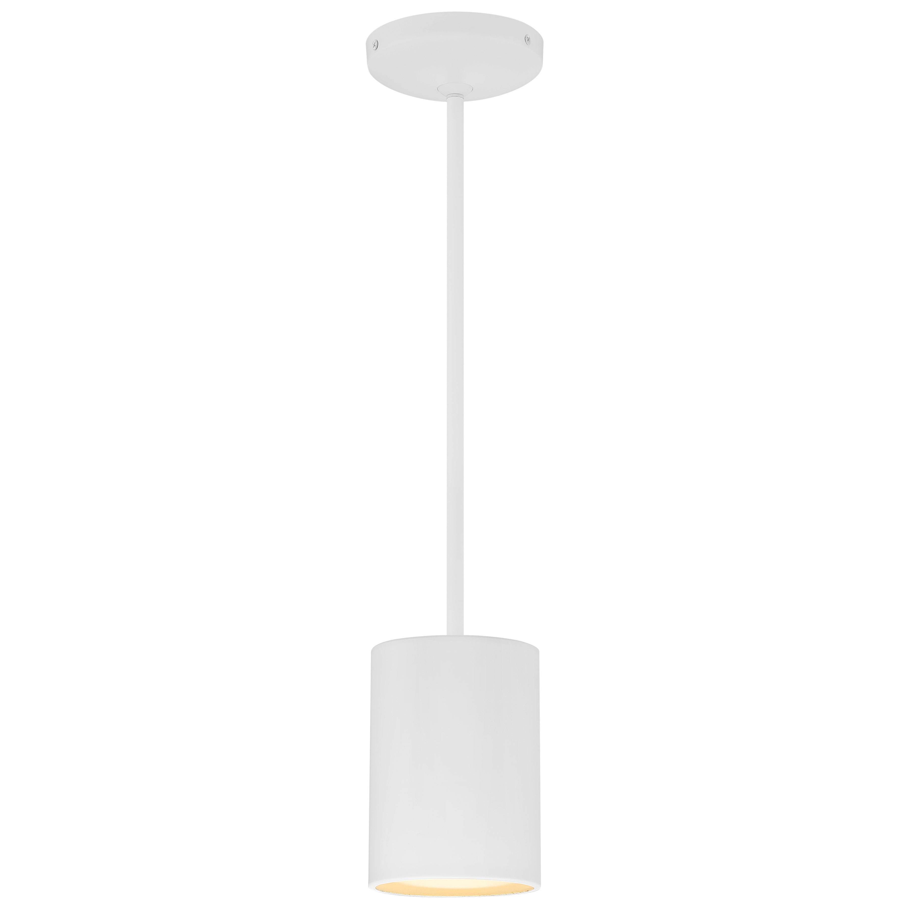 The Pilson LED Pendant (29000LEDDLP-MWH) by Access Lighting features a white cylindrical shade suspended from a straight rod and a round ceiling mount.